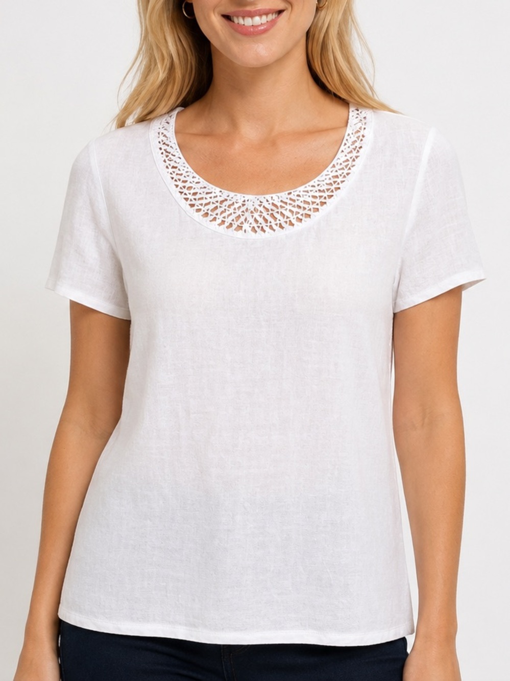 Talbots Linen White Crochet Neck Top Petite PS Short Sleeve Coastal Minimalist